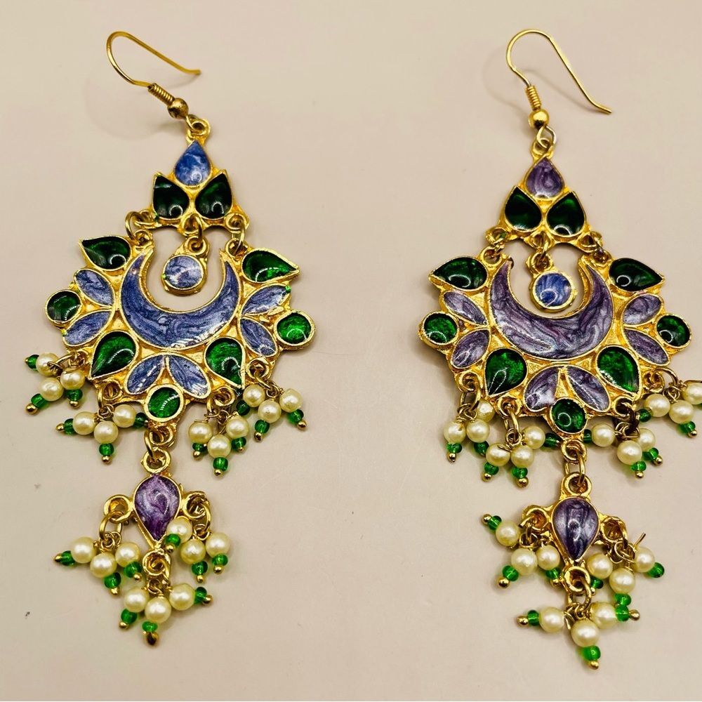 Purple enamel, green gemstone and pearl tassel chandelier earrings. Dangle.
